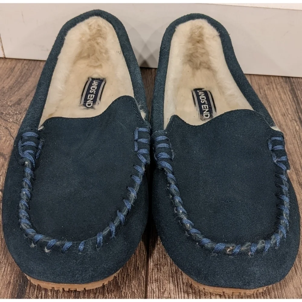 Lands' End Blue Suede Faux Fur Lined Slippers
